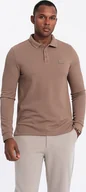 Koszulki męskie - Ombre Męski strukturalny longsleeve polo z naszywką brązowy V4 OM-POLS-0131 M - miniaturka - grafika 1