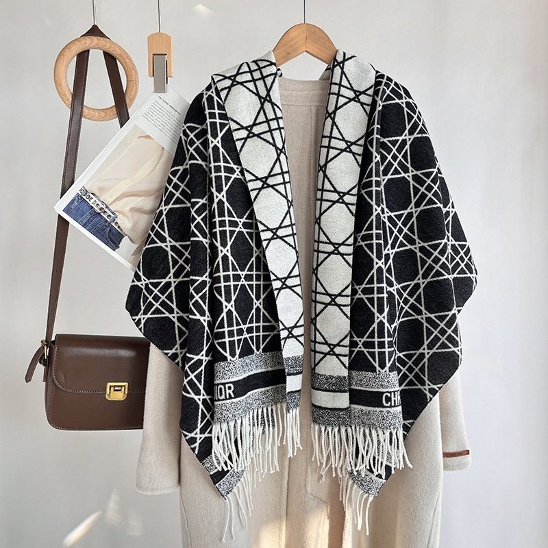 elegancki damski SZAL na zimę ciepły SZALIK szykowny 180x66 biało-czarny