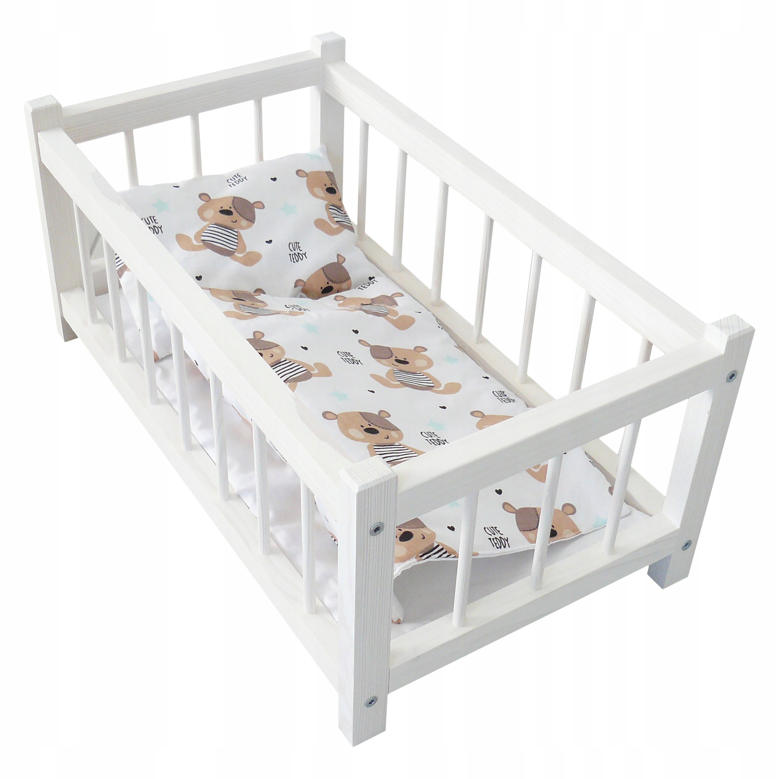 Drewniane Łóżeczko Dla Lalek Białe Pościel Miś Teddy Zabawka