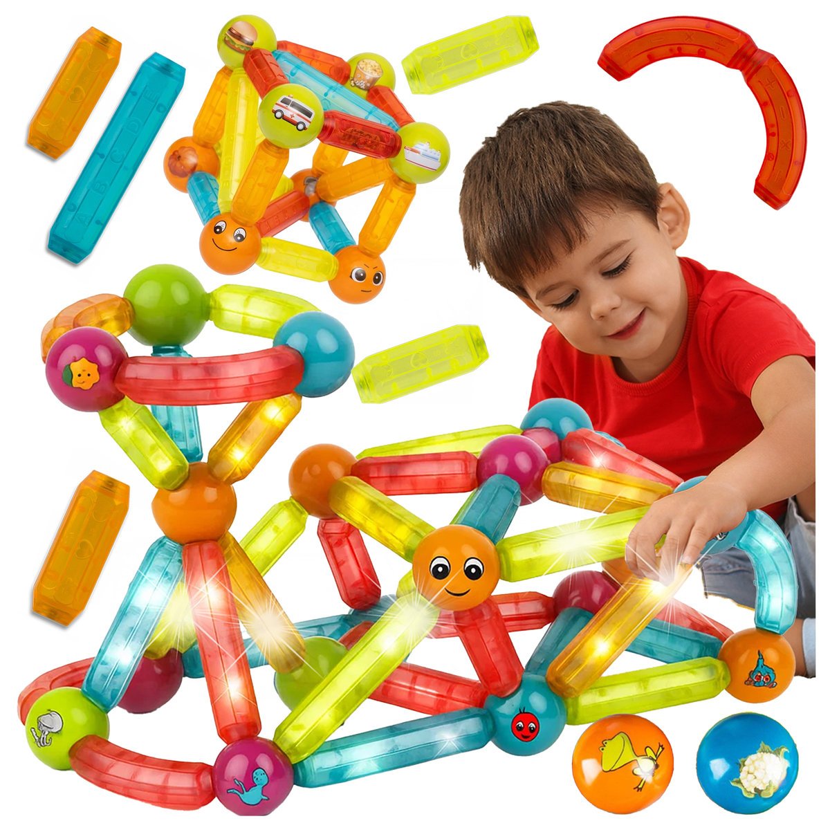 Klocki Magnetyczne Świecące Układanka Magnetyczna 3D Kulki Patyczki 104 szt