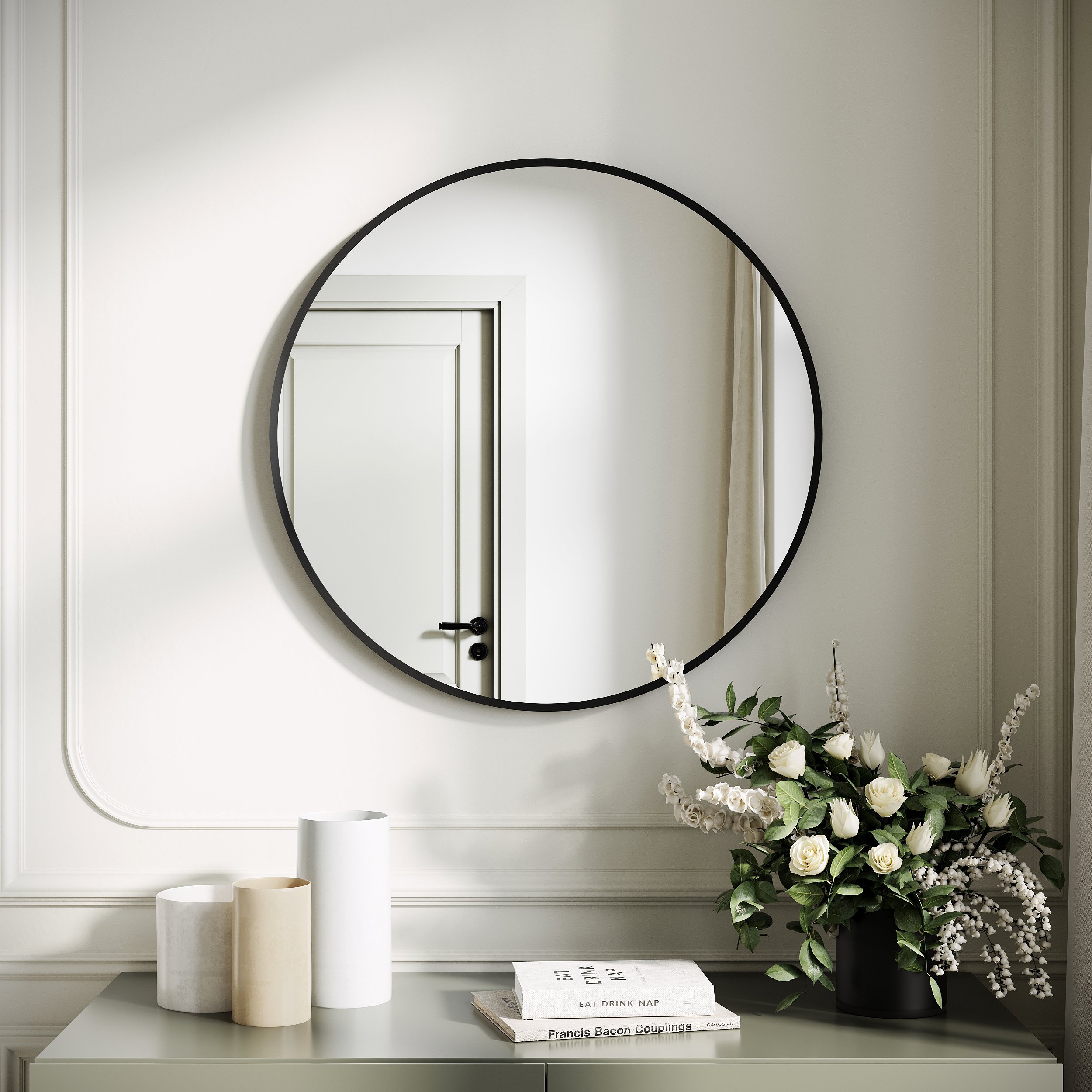 SONNI lustro ścienne lustro do makijażu okrągłe 60 cm z aluminiową ramą czarne lustro wiszące lustro