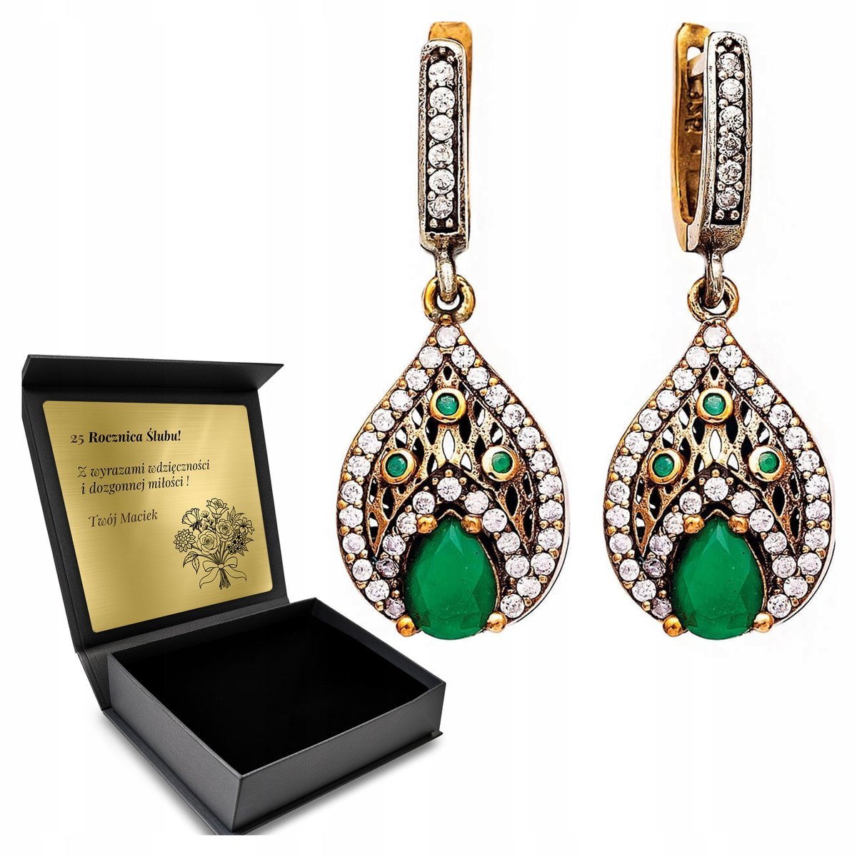 Kolczyki Srebrne Tureckie Cyrkonie Srebro 925 Ze Szmaragdem Zdobione Grawer