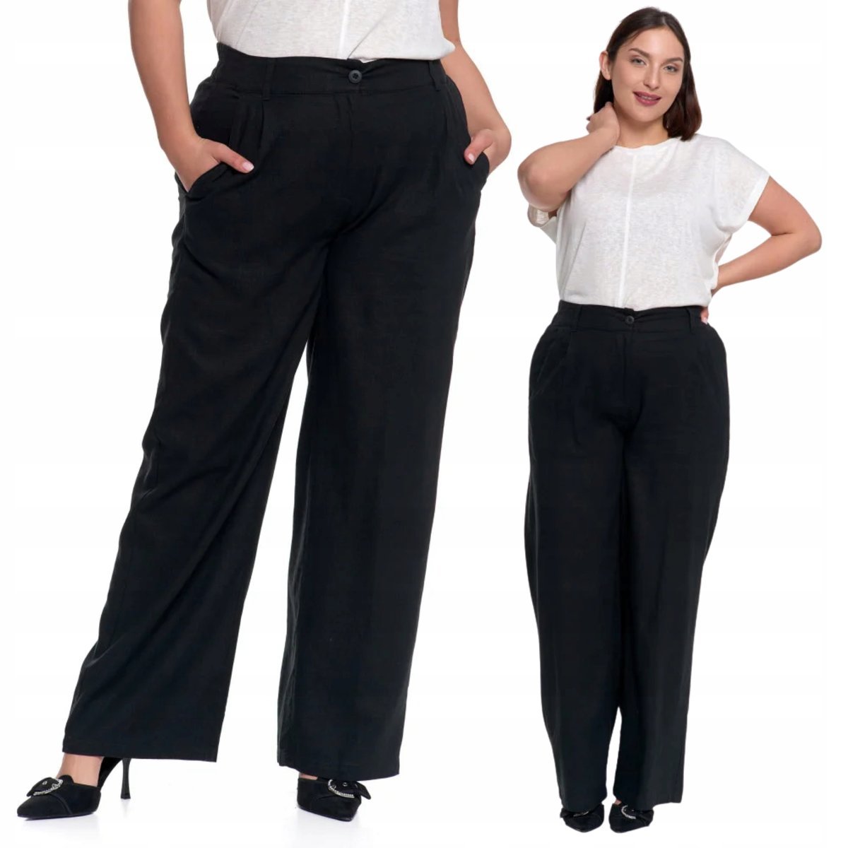 SPODNIE LNIANE DAMSKIE SZEROKIE Z WYSOKIM STANEM ELEGANCKIE MORAJ M BLACK