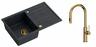 Zlewozmywaki z baterią - Quadron Zlewozmywak granitowy jednokomorowy 78*50*22 cm z ociekaczem MORGAN 111 BLACK DIAMOND ze złotym odpływem z baterią JENNIFER Q LINE SLIM z wyciąganą wylewką i funkcją prysznica kolor złoty - miniaturka - grafika 1