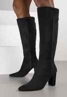 Kozaki damskie - Czarne Kozaki do Kolan z Imitacji Zamszu na Słupku Nenilea - miniaturka - grafika 1