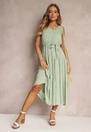 Sukienki - Miętowa Wiązana Sukienka Midi z Wiskozy bez Rękawów z Gumką w Talii Mideyo - Renee - miniaturka - grafika 1