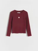 Bluzki dla dziewczynek - Reserved - Prążkowana bluzka z haftem - bordowy - miniaturka - grafika 1