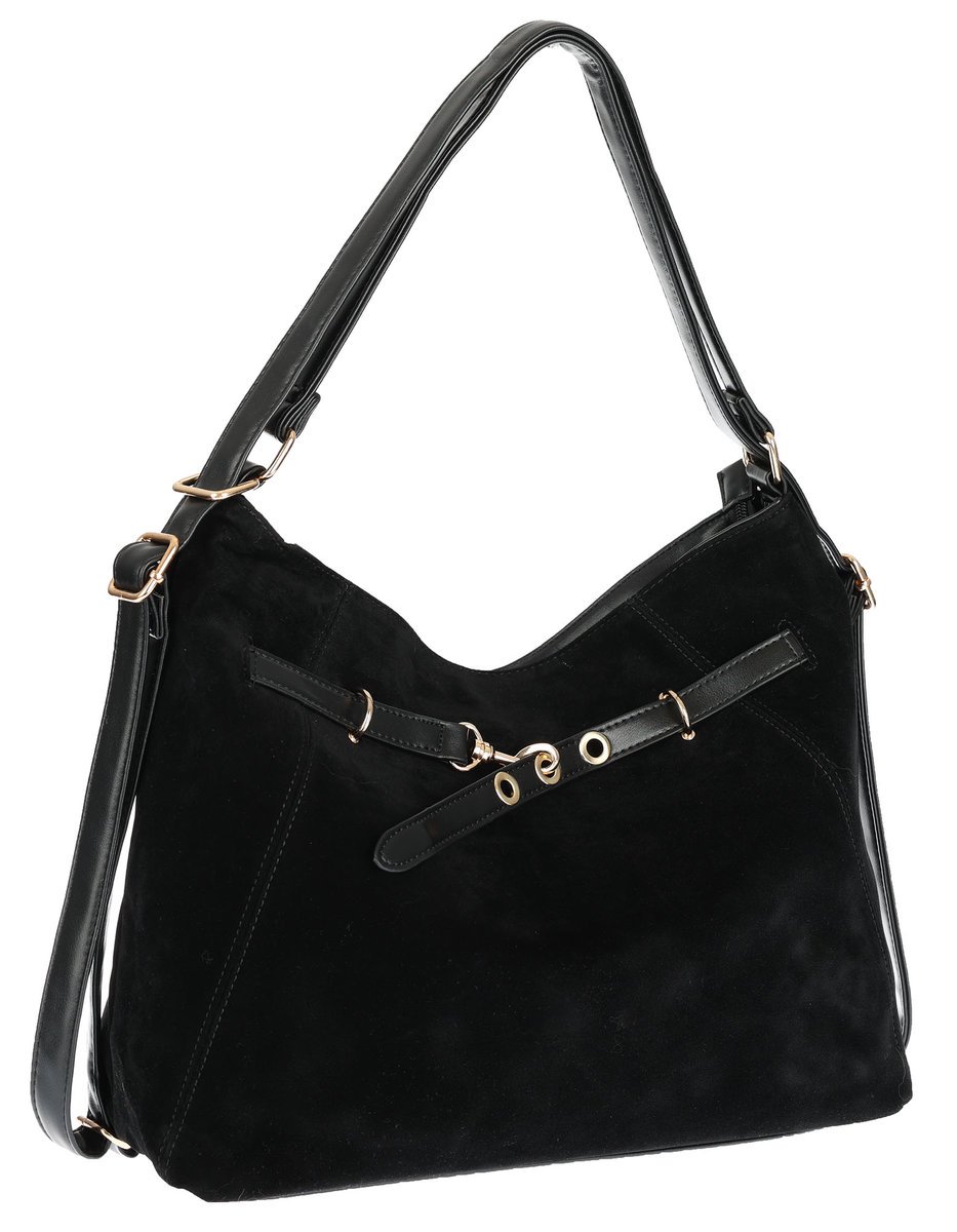 Torebka Damska zamsz Shopper Worek plecak 2w1 Pojemna A4 Torba 88026 Czarna