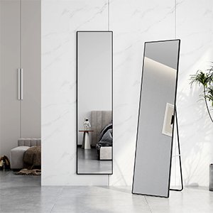 EMKE Pełnowymiarowe lustro Lustro ścienne Lustro toaletowe Czarne aluminiowe wykończenie 160x40cm HD Duże lustro stojące z haczykami