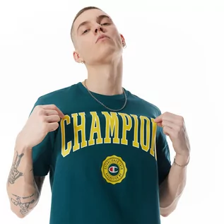 Koszulki sportowe męskie - Męski t-shirt z nadrukiem Champion Rochester Crewneck T-shirt -  zielony - CHAMPION - grafika 1
