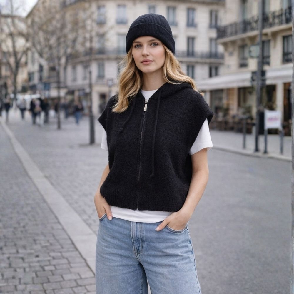 Sweter kamizelka dzianinowa z kapturem na zamek Włoska Czarna oversize