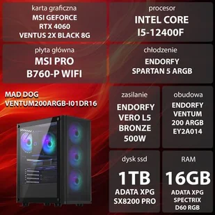 Komputer MAD DOG VENTUM200ARGB-I01DR16 i5-12400F 16GB RAM 1TB SSD GeForce RTX4060 DLSS 3 Wi-Fi - Zestawy komputerowe - miniaturka - grafika 1