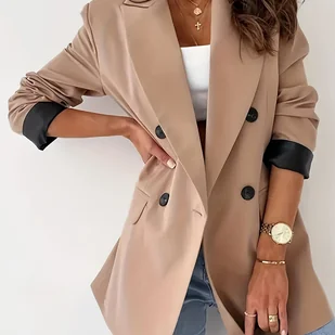TEMU Elegancki dwurzędowy blazer dla kobiet - długi rękaw, poliestrowy, regularny kształt, jednokolorowy, wiosenny/październikowy płaszcz z zapinaną - Marynarki i żakiety damskie - miniaturka - grafika 1