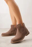 Botki damskie - Jasnobrązowe Ażurowe Botki na Płaskiej Podeszwie ze Skórzaną Wkładką Terilara - miniaturka - grafika 1