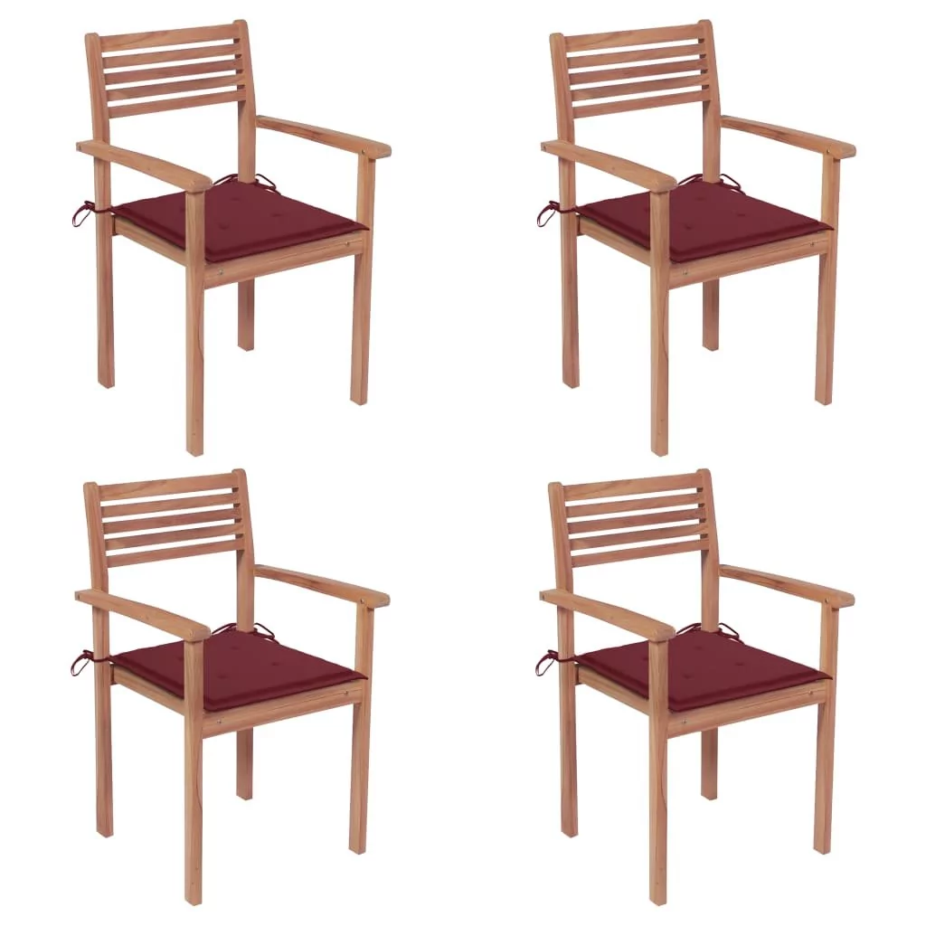 vidaXL Lumarko Krzesła ogrodowe, 4 szt., czerwone poduszki, drewno tekowe! 3062298