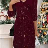 Sukienki - TEMU Elegancka Burgundowa Sukienka z Złotym Nadrukiem dla Kobiet - Długi Rękaw, A-Line, Zimowa, Ciepła, Długość do Kolan, Krótka do Średniej, - miniaturka - grafika 1