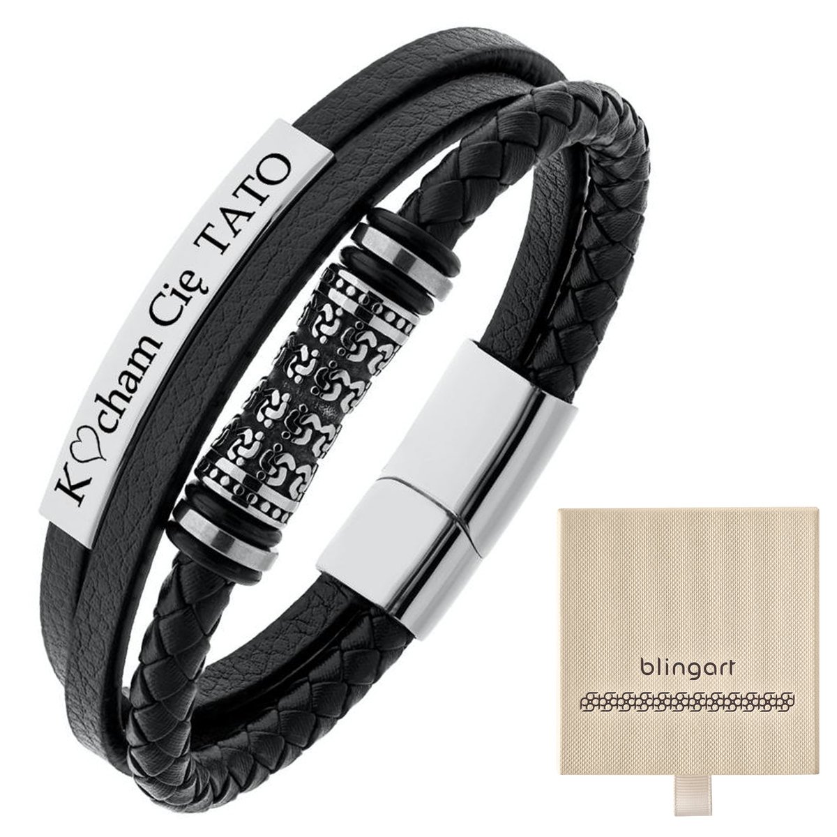 Bransoletka z GRAWEREM męska SKÓRZANA czarna ornam