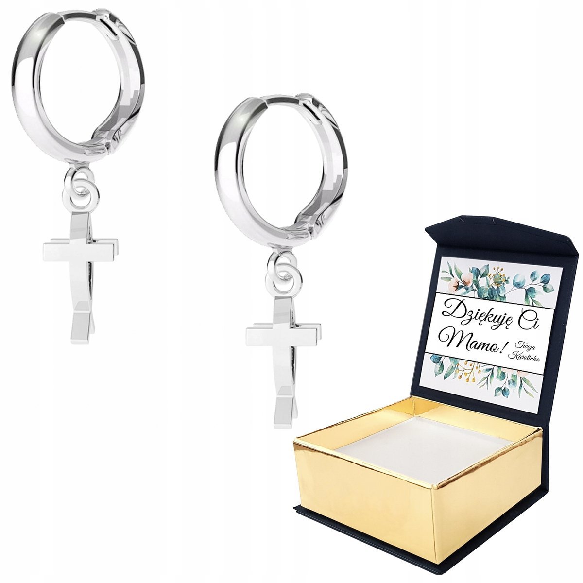 Kolczyki srebrne Krzyż Rybka Krzyżyk WŁASNY NADRUK