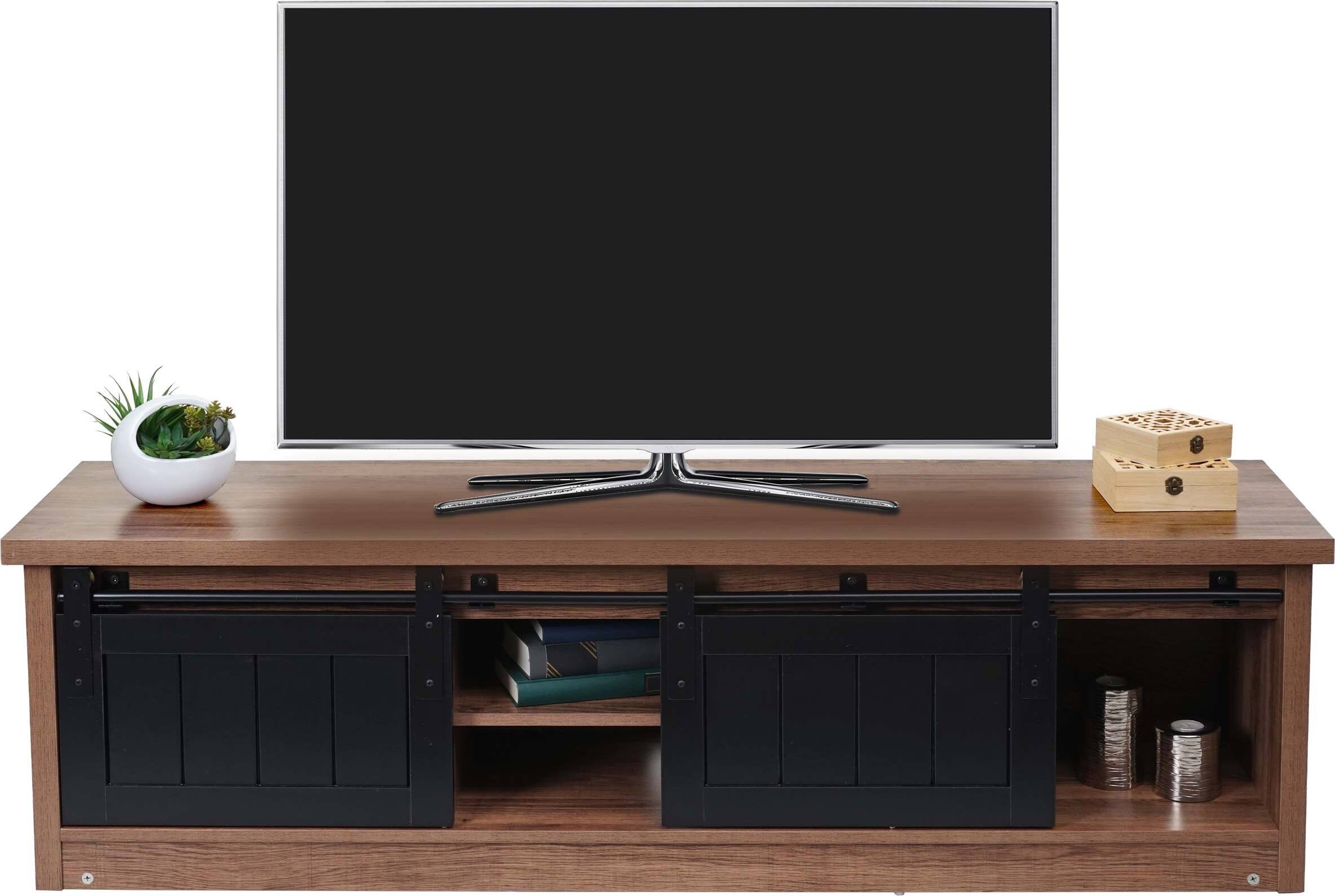 Stojak na telewizor HWC-K75, stolik pod telewizor, szafka pod telewizor z przesuwanymi drzwiami, drewnopodobny metal przemysłowy 43x150x40cm ~ brązowy