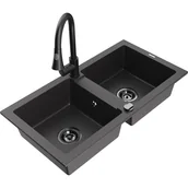Zlewozmywaki z baterią - Mexen Mario zlewozmywak granitowy 2-komorowy z baterią kuchenną Elia, czarny nakrapiany - miniaturka - grafika 1