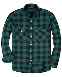 Koszule męskie - siliteelon Koszula flanelowa męska bawełniana koszula w kratkę Męska koszula z długim rękawem Regular Fit Casual Plaid Shirt, Zielony Czarny, S - grafika 1