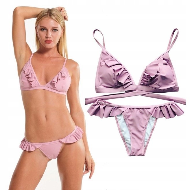 RÓŻOWY DWUCZĘŚCIOWY STRÓJ KĄPIELOWY DAMSKI FALBANKI BIKINI WIĄZANY MODEL L