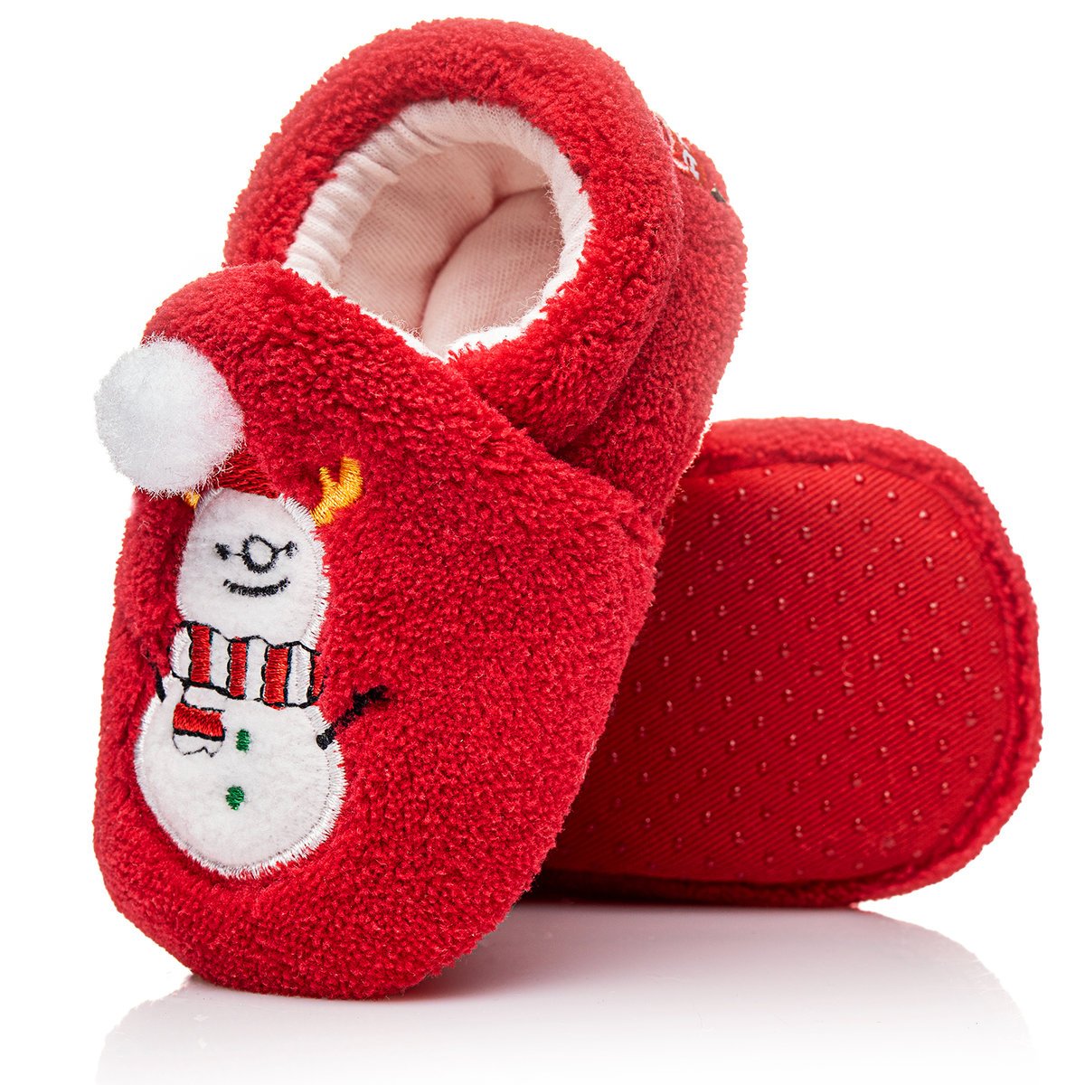 Czerwone świąteczne buciki dla niemowlaka niechodki z haftem bałwanka r 0-6