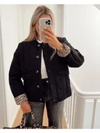 Kurtki damskie - Przejściowa kurtka damska z podszewką w panterkę - Czarny - miniaturka - grafika 1