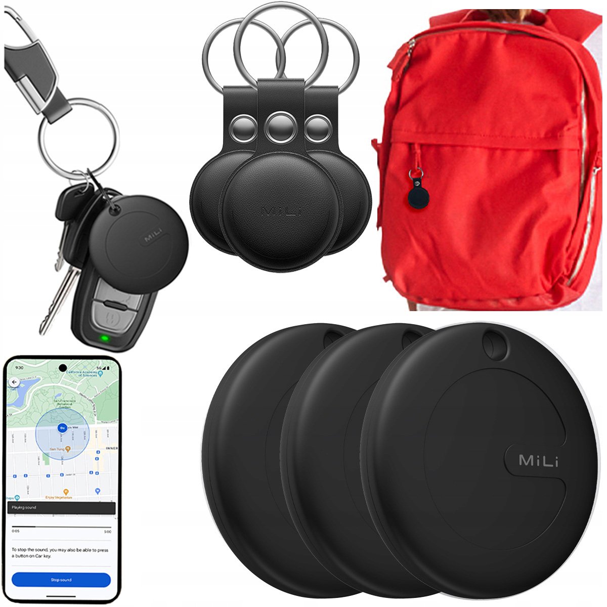 3x Lokalizator Gps MiTag MiLi Android 3x Etui Brelok do plecaka kluczy