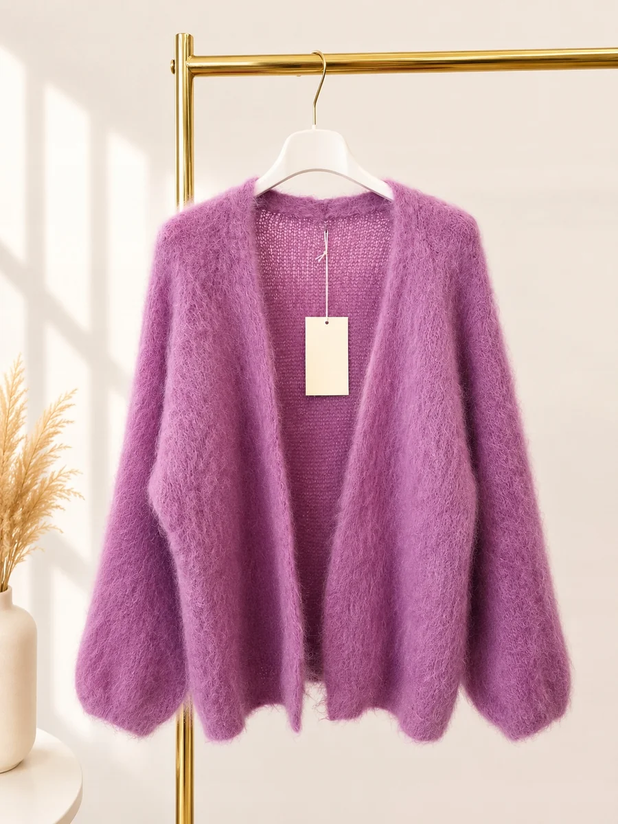 Puszysty kardigan Sweter premium z dodatkiem 81 % kid moheru - jagoda