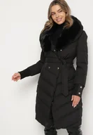 Kurtki damskie - Czarna Elegancka Kurtka z Pikowanymi Przeszyciami i Futrzanym Kołnierzem Gallea - miniaturka - grafika 1