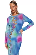 Sukienki - Trendyol Damska sukienka basic slim fit, tkana, niebiesko-wielokolorowa, 40, Niebiesko-wielokolorowe, 66 - miniaturka - grafika 1