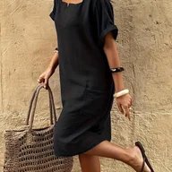 Sukienki - TEMU Kobieca Czarna Sukienka na Wakacje - Dekolt w Serek z Kieszeniami, Luźny Krój A-Line, Letnia i Biurowa Odzież na , Plażowa Stylizacja, - miniaturka - grafika 1