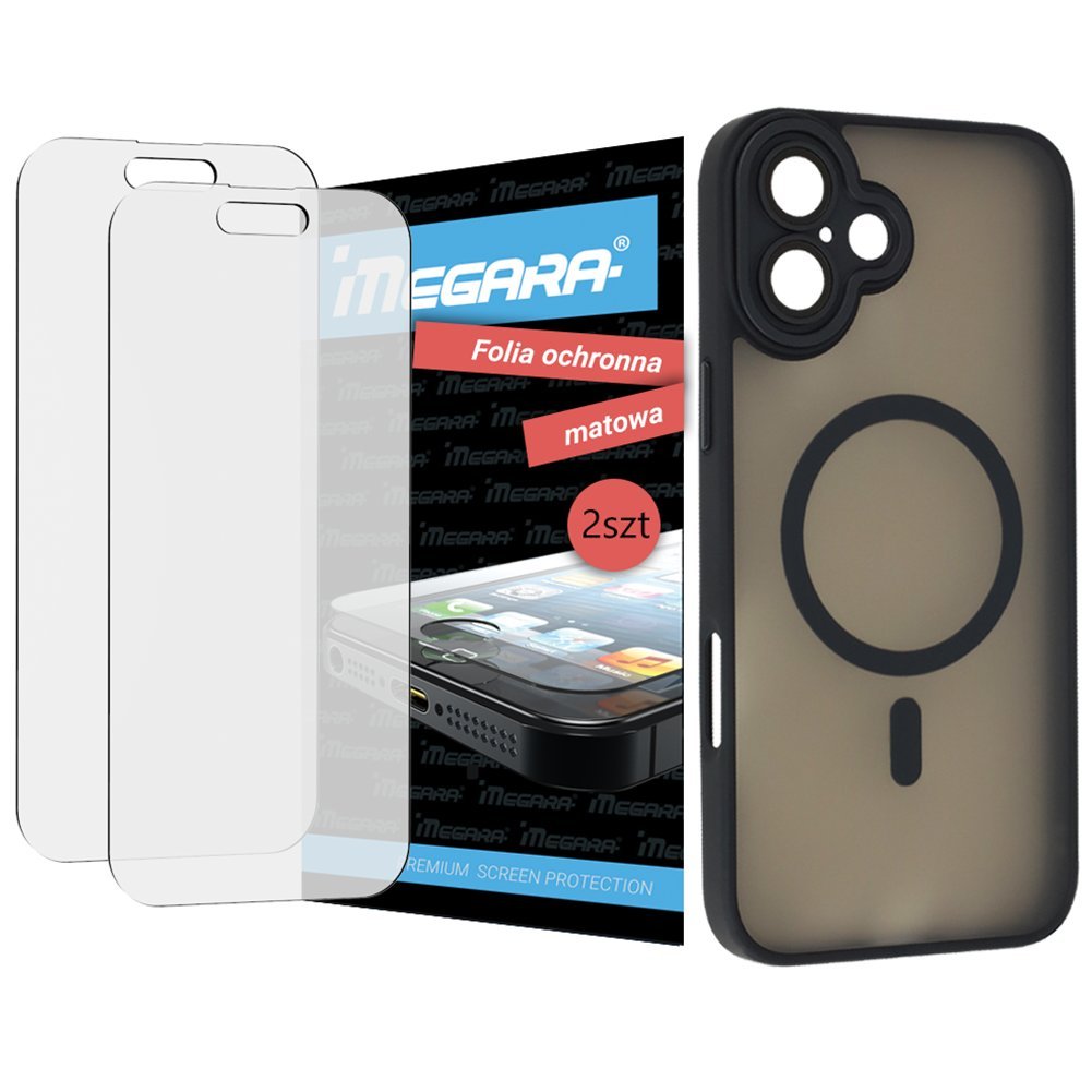 Folia do iPhone 16 ochronna MATOWA + MagSafe ETUI czarne TPU