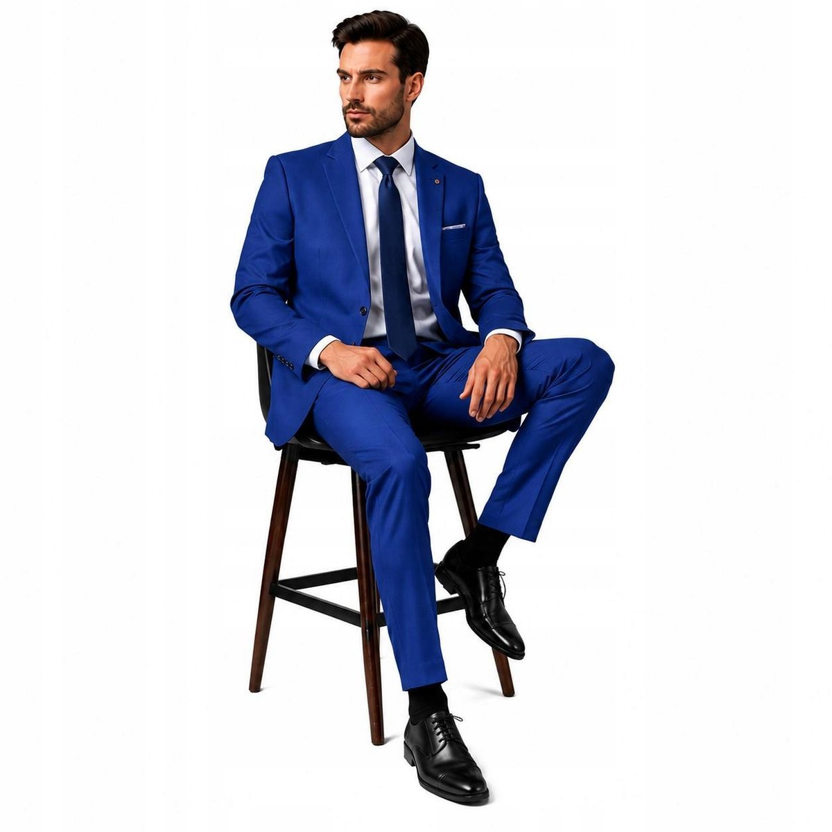 Elegancki garnitur męski - granatowy/niebieski, slim 385 fit 56 / 170