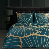 Pościel - Eurofirany Pościel satynowa 160x200 Musa 3 turkusowa ciemna złota liście miłorzębu Limited Collection - miniaturka - grafika 1