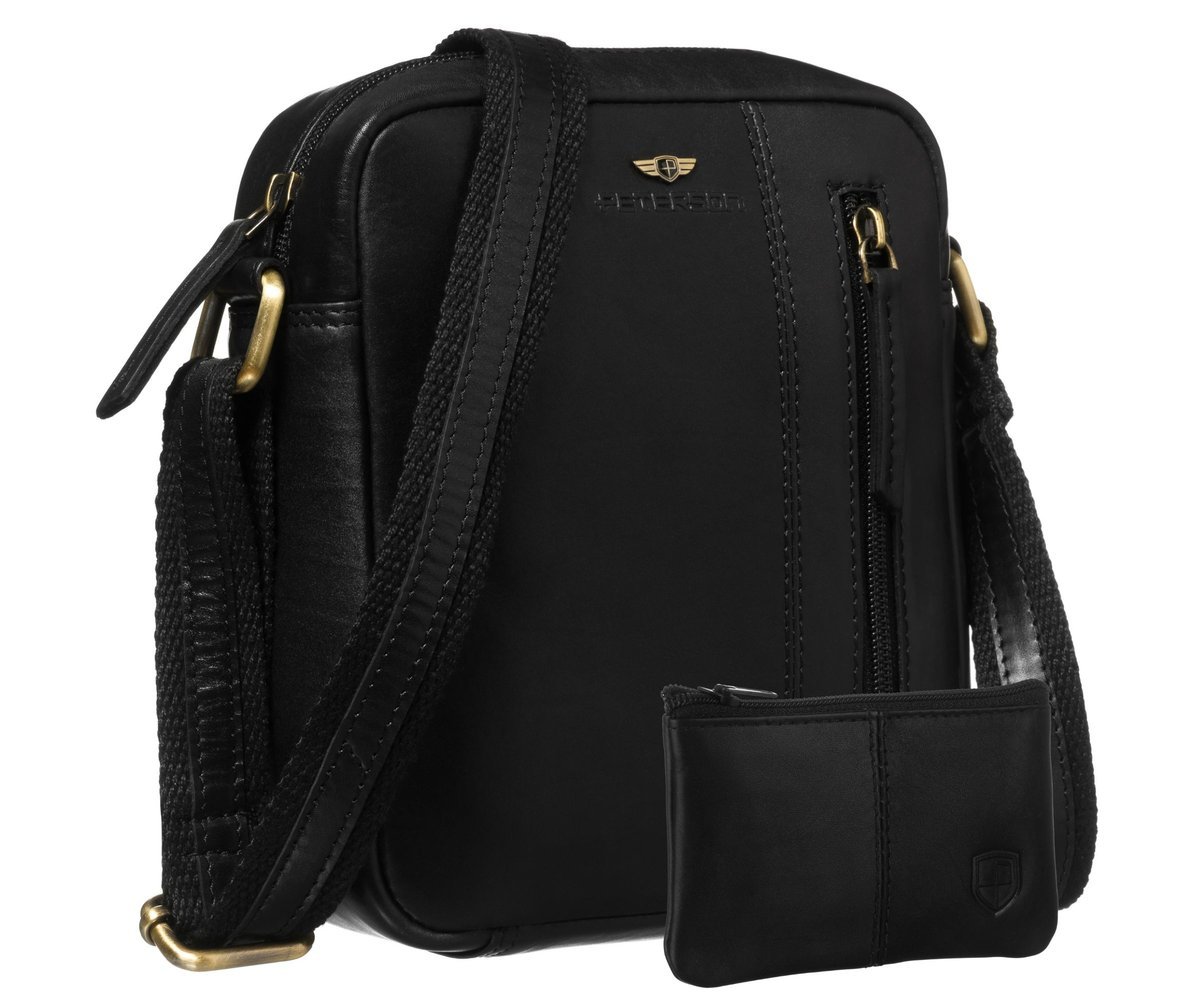 Torebka męska saszetka skórzana PETERSN listonoszka na ramię modna kieszonki na telefon dokumenty mała czarna + etui na klucze