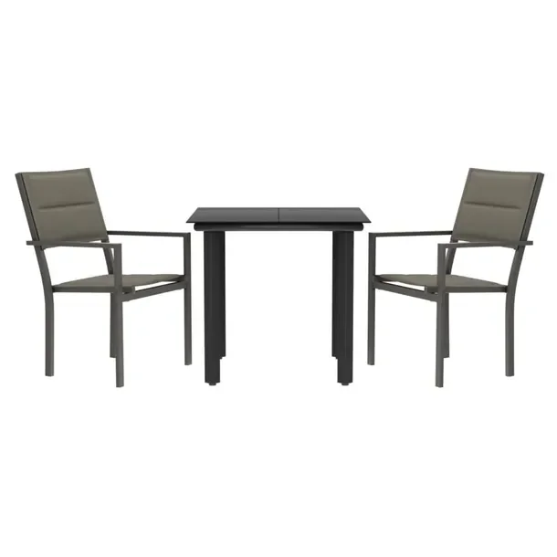 Zestaw mebli ogrodowych czarny stół 80x80x74 cm, 2 szare krzesła 63x54x9
