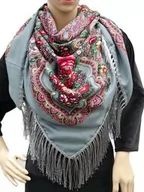 Apaszki i szaliki damskie - Chusta góralska ludowa folk kwiaty szara z różem - miniaturka - grafika 1