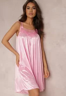 Bielizna nocna - Różowa Satynowa Koszula Nocna z Cienkimi Ramiączkami i Koronką Maceille - miniaturka - grafika 1