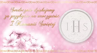 DekoracjePolska Bileciki "Podziękowanie - winietka IHS Pierwsza Komunia Św.", różowe, 10 szt 2331-004 - Pamiątka Pierwszej Komunii Świętej - miniaturka - grafika 1