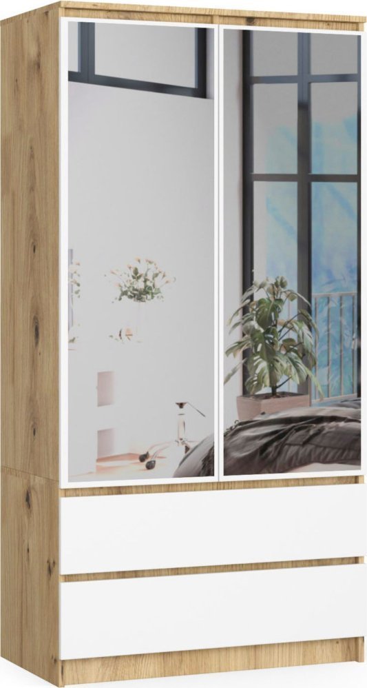 Fabryka Mebli Akord Szafa S 90 cm 2 drzwi 2 szuflady 2 lustra - dąb artisan-biała