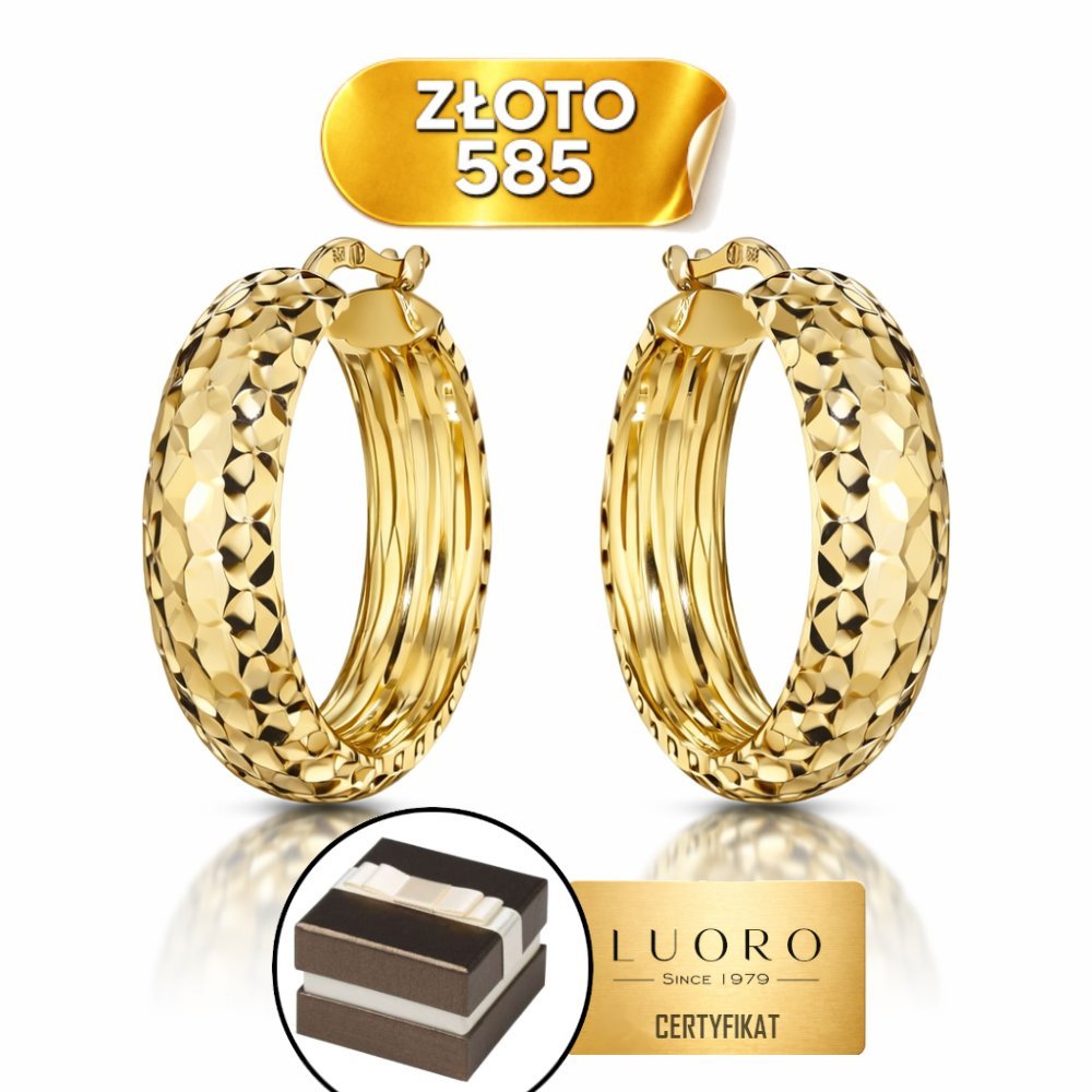 KOLCZYKI ZŁOTE 585 14K KOŁA DIAMENTOWANE SZEROKA SZYNA 2,6 CM ELEGANCKIE