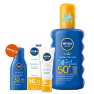 Kremy dla dzieci - Zestaw Nivea Sun Kids Protect & Care, spray ochronny dla dzieci, SPF 50+, 200 ml + krem ochronny do twarzy, SPF 50, 50 ml + balsam do opalania, SPF 30, 30 ml gratis - miniaturka - grafika 1
