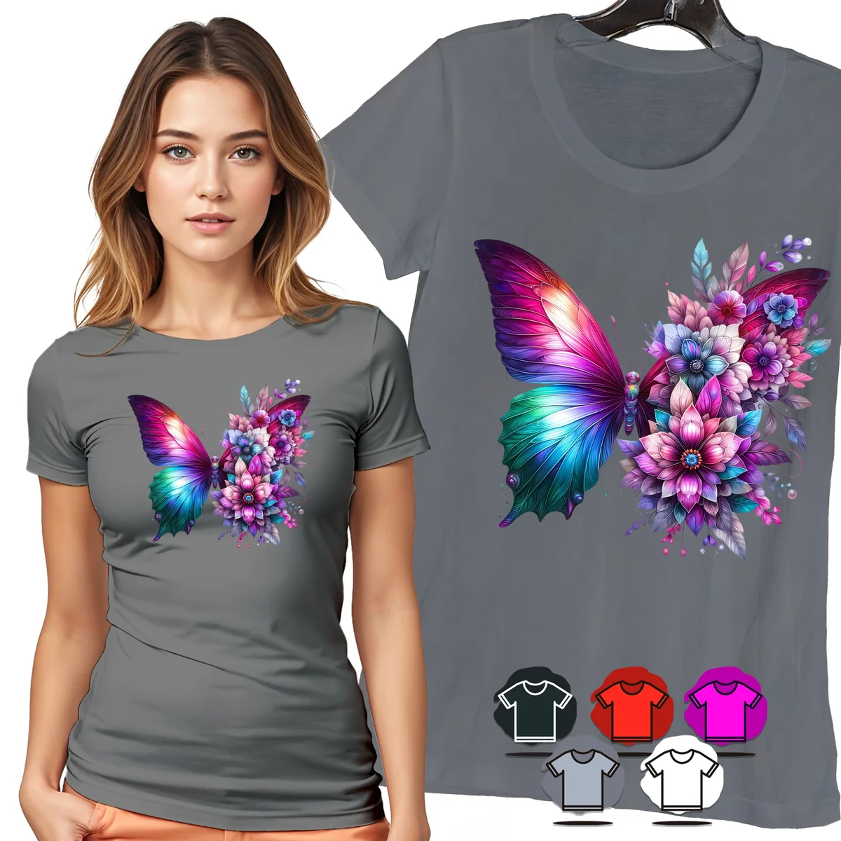 KOSZULKA DAMSKA T-SHIRT - MOTYL TĘCZOWY BUKIET KWIATÓW WZÓR DLA NIEJ - 3XL