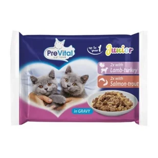 PREVITAL JUNIOR - Z jagnięciną, indykiem, łososiem, pstrągiem w sosie - Pełnoporcjowa karma dla kotów - 4x100g - Mokra karma dla kotów - miniaturka - grafika 1
