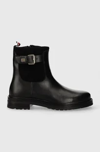 Tommy Hilfiger botki skórzane BELT BOOTIE MATERIAL MIX damskie kolor czarny na płaskim obcasie FW0FW07477 - Botki damskie - miniaturka - grafika 1