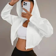 Kurtki damskie - TEMU Damska Jednokolorowa Kurtka Z Krótkim Rękawem I Zapinaną Na Zamek Kapturem - Lekki Poliestr, Styl Casual Z Kieszeniami, Czarny, Idealny Do - miniaturka - grafika 1