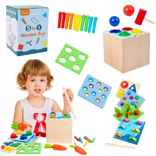 Zestaw Montessori 5W1 Drewniana Zabawka Układanka Sorter Warzywa Rybki - Sortery dla dzieci - miniaturka - grafika 1