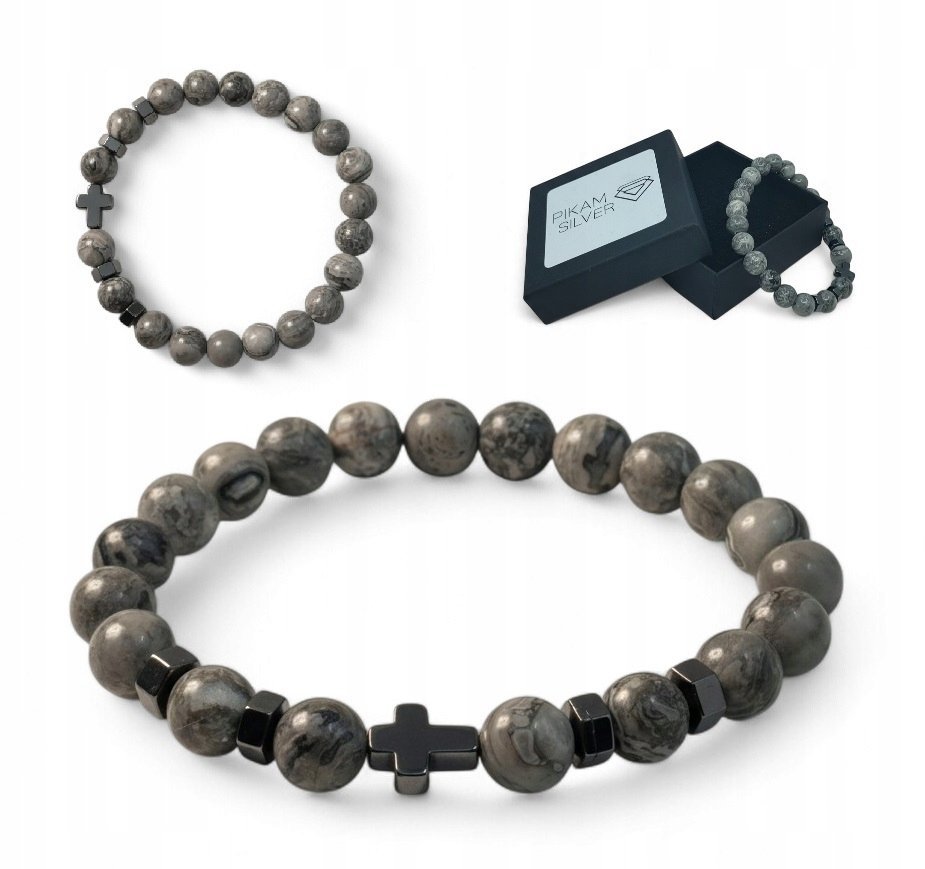 Bransoletka Z Kamieni Naturalnych 8,5mm Jaspis Picasso Hematyt Z Krzyżykiem